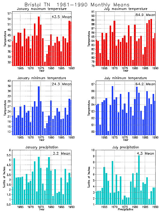 Bristol, Tennessee Average Monthly Temperature Graph