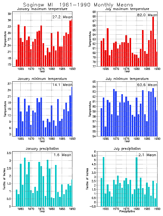 Saginaw, Michigan Average Monthly Temperature Graph